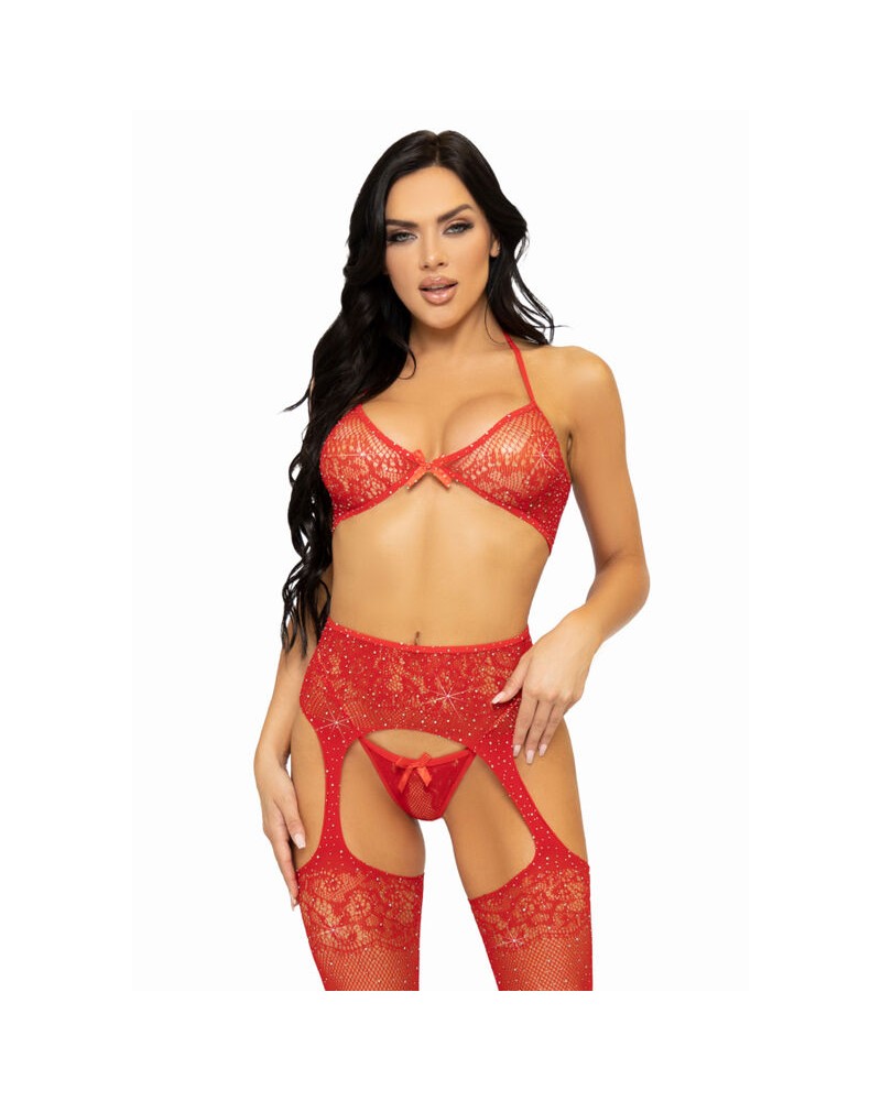 LEG AVENUE - SET TRE PEZZI REGGISENO, PERING E CALZA TAGLIA UNICA - ROSSO ROJO ONE SIZE