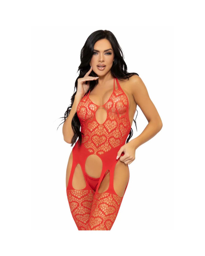 LEG AVENUE - BODYSTOCKING CON RETE TAGLIA UNICA - ROSSO ROJO ONE SIZE