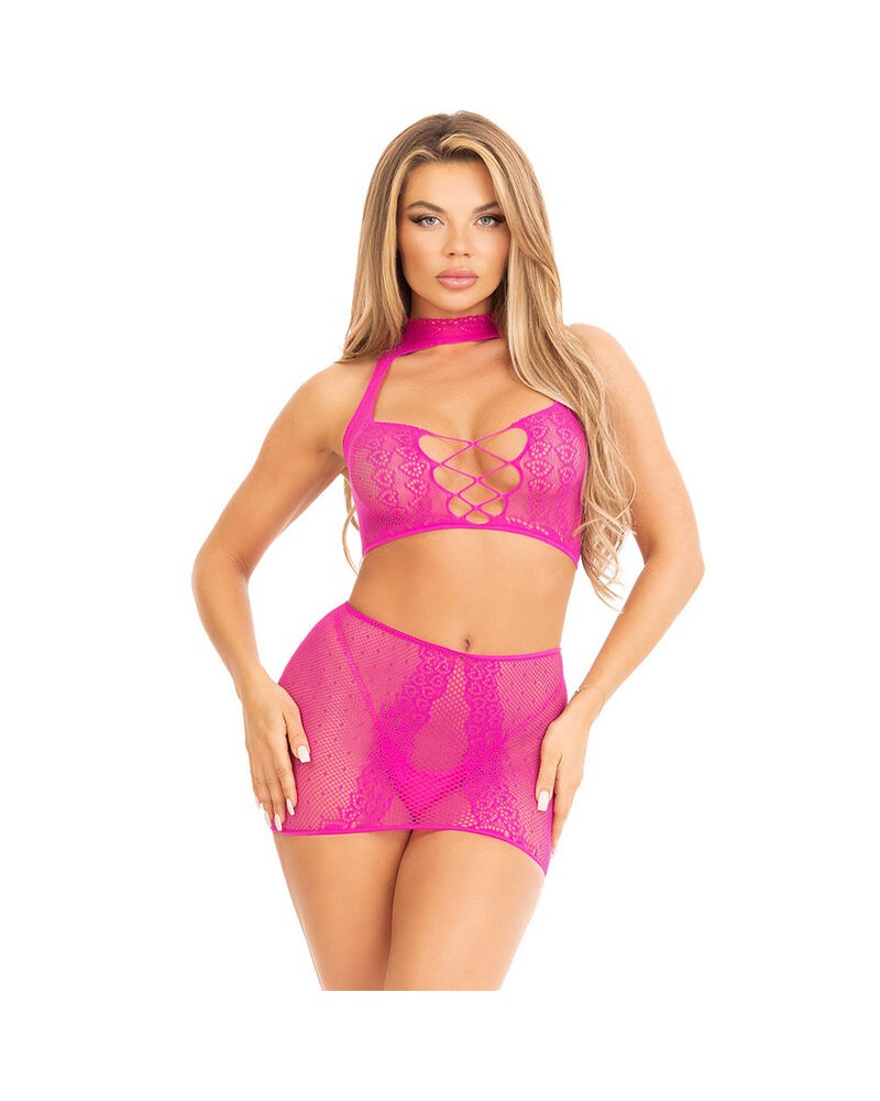 LEG AVENUE - TOP E GONNA IN PIZZO APERTO FUCSIA FUCSIA ONE SIZE