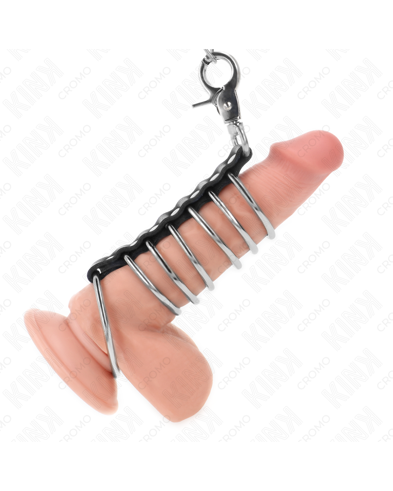 KINK - 7 ANELLI PER PENE IN METALLO DA 3,8 CM A 5 CM COLLEGATI CON PELLE E CATENA IN METALLO 100 CM
