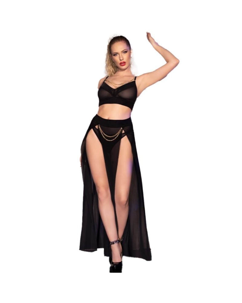 CHILIROSE - CR 4672 GONNA TOP NERA E PERIZOMA CON CATENE ORO S L